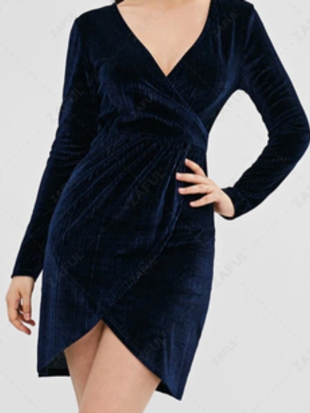 ZAFUL Long Sleeve Striped Velvet Dress Dark Blue Size Large (US 8) NWT Stretch